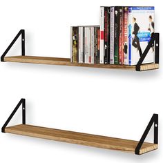 two wooden shelves with black metal brackets and bookshelves on each shelf, both holding dvds