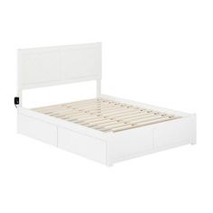 a white bed frame with two drawers on the bottom and one drawer at the foot