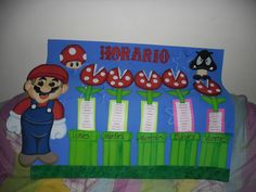 there is a birthday card with mario and other cartoon characters on the front, along with flowers