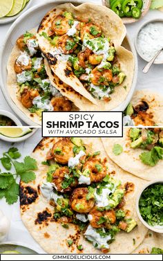 shrimp tacos with avocado salsa and cilantro sauce on the side