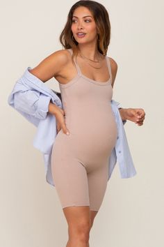 Taupe Ribbed Bodycon Maternity Romper – PinkBlush Maternity Jumpsuit Outfit Summer, Maternity Fashion Summer, Pregnant Aesthetic, Pregnancy Fashion Fall, Maternity Romper, Prego Outfits