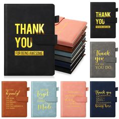 a set of six different colored notebooks with thank you written on the front and back