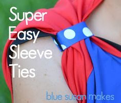 a woman wearing a red and blue dress with white polka dots on her sleeves, has the words super easy sleeve ties