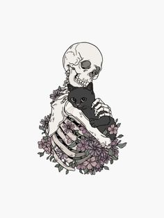 a drawing of a skeleton holding a cat in its arms with flowers on the ground