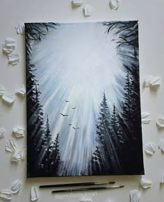 an acrylic painting of trees and birds in the sky with white petals scattered around