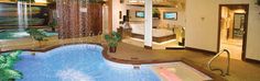 an indoor swimming pool surrounded by greenery and wood paneled walls, with a tv on the wall