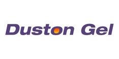 the logo for dustin gel is shown in purple and orange colors on a white background