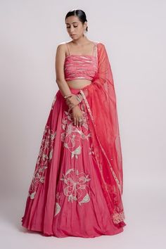 Cerise pink attached cancan lehenga featuring floral hand embroidery in sequin, bead and pearl work. Paired with wave pleats highlighted by sequin and gota applique work. Comes with an embroidered  dupatta. - Aza Fashions Pink Organza Pre-draped Saree For Navratri, Pink Organza Choli With Gota Work, Pink Georgette Pre-draped Saree With Gota Work, Pink Pre-draped Saree With Gota Work For Reception, Pink Gota Work Pre-draped Saree For Reception, Pink Embroidered Pre-draped Saree For Reception, Pink Georgette Choli With Gota Work, Pleats Blouse, Noodle Strap