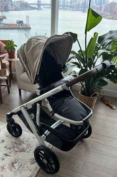 a baby stroller sitting on top of a hard wood floor next to a window