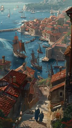 a painting of a city with ships in the water and people walking up some stairs