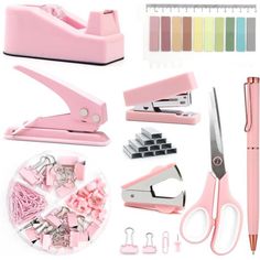 pink crafting supplies including scissors, paper clips and stapler with color swatches on white background