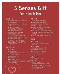 the 5 senses gift for him and her is shown in red with white lettering on it