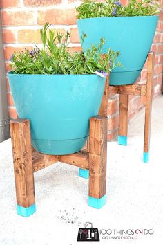 two wooden planters with plants in them