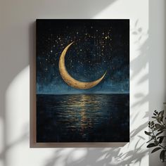 a painting on the wall with a moon and stars in the night sky above water