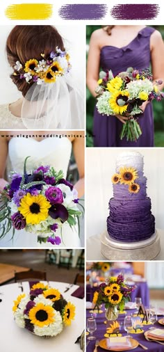 a collage of photos with sunflowers and other flowers on them, including purple cake