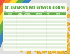 a st patrick's day potluck sign up sheet with coins around it