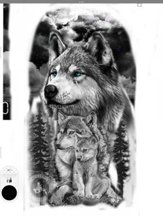 an image of two wolfs with blue eyes in the woods on a black and white background