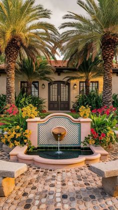 a fountain surrounded by palm trees in front of a house