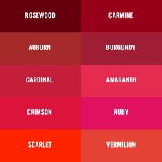 the names of different colors in each color scheme, including red, pink, and purple