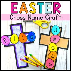 an easter cross name craft with crayons and pencils on the table next to it