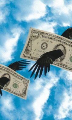 two black birds flying in the sky with one dollar bill