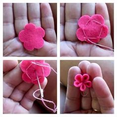 four pictures showing how to make a felt flower