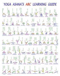 the yoga asana's abc learning guide is shown in green and purple colors