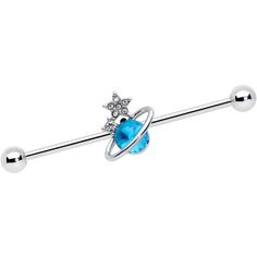 Product Details14 Gauge Clear Blue Gem Star Saturn Planet Industrial Barbell 38mm This 14 gauge helix barbell is out of this world! It's made with a 1 1/2" durable 316L surgical grade stainless steel straight barbell with 5mm ball ends. It features a planet Saturn charm, with the planet composed of a single aqua gem and ring. Atop the planet sits a small star, set with clear gems for an added touch of style. You can even slide the charm up and down the length of the barbell to get the perfect look. This heavenly body is sure to make your industrial piercing into a star with this celestial-themed barbell earring!Specifications14 Gauge (1.6mm), 1 1/2" (38mm), 316L Surgical Grade Stainless Steel Straight Barbell, Moveable Charm, 5mm Ball Ends Saturn Charm, Industrial Piercing Jewelry, Types Of Ear Piercings, Saturn Planet, Planet Saturn, Barbell Earrings, Industrial Jewelry, Industrial Barbell, Industrial Piercing