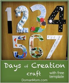 the numbers are made out of paper and placed on a wooden surface with text that reads, days of creation craft with free printables