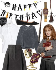 a girl dressed in harry potter clothes and accessories