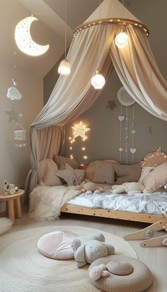 a child's bedroom decorated in neutral tones