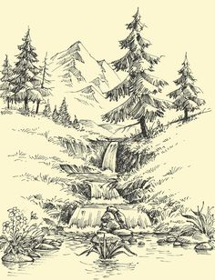 a waterfall in the forest with trees and mountains behind it, drawn by hand on paper