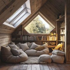 a room with a couch, bookshelf and window in the ceiling is filled with pillows