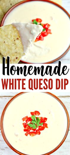 homemade white quesadilla dip with tortilla chips on the side and text overlay