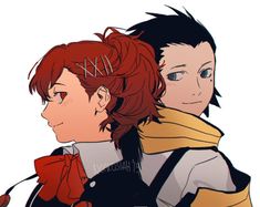 two anime characters one with red hair and the other black