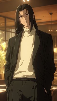 an anime character in a suit and white shirt standing next to a table with plants