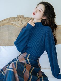 Indigo brown plaid retro skirt and high neck sweater – remulia Dark Blue Plaid Skirt Outfit, Brown Plaid Skirt, Fluffy Sleeves, Plaid Skirt Set, Deer Doll, Plaid Wool Skirt, Fluffy Skirt, Retro Skirt, Academia Fashion