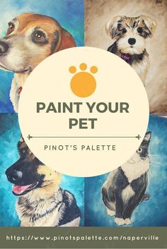 a painting of dogs and cats with the words paint your pet on it's side