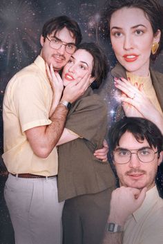 two men and a woman posing for a photo with stars in the sky behind them