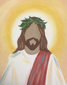 a painting of jesus with a crown of leaves on his head