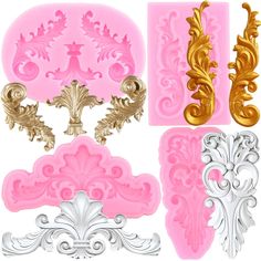 decorative molds for cake decorating, including ornate designs and swirly scrolls on pink