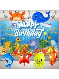 happy birthday card with sea animals and fish