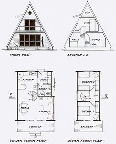 three different types of small houses with floor plans