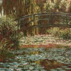 a painting of a bridge over a pond with water lilies