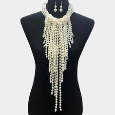 Necklace Size : 19" + 2" L Decor Size: 17" L Earring Size : 2" L Formal Earrings, Layered Pearl Necklace, Wholesale Necklaces, Pearl Statement Necklace, Fringe Fashion, Pearl Strand, Buy Necklace, Fringe Necklace, Pearl Cream