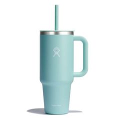 a light blue tumbler cup with a straw in the middle and a logo on it