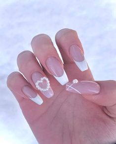 French Tip Nails Cute Heart Nails Coquette Nails Etsy Pearl Heart Nails, Simple Korean Nails, Coquette Nail Ideas, Nails Heart, Easy Nails