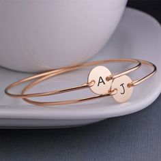 Personalized Jewelry, TWO Children, Custom Mother's Jewelry, Mom Bracelets, Gold Bracelets, Bridesma Rose Gold Stackable Bangle As Gift, Bridal Jewelry Bracelets, Initial Bangle Bracelet, Simple Gold Bangle, Mom Gifts Jewelry, Initial Bracelet Gold, Gold Bracelet Simple, Monogram Bracelet, Mothers Bracelet