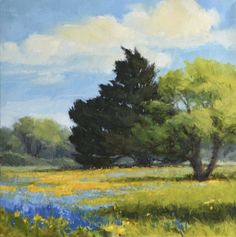 an oil painting of a field with trees and blue flowers in the foreground on a sunny day