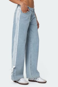 Washed Low Rise Ribbon Jeans – edikted Jeans With Stripe On Side, Cute Bottoms Pants, Casual Striped Straight Leg Jeans, Casual Striped Denim Pants, Casual Striped Denim Jeans, Casual Striped Cotton Jeans, Sporty Wide Leg Cotton Jeans, Casual High Waist Striped Jeans, Casual Cotton Bottoms With Signature Stripes